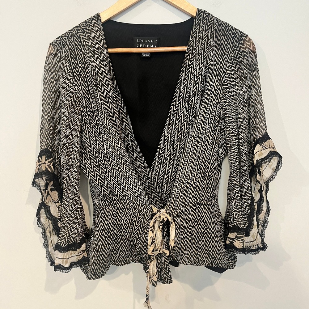Spenser Jeremy Silk Chevron Wrap Top Boho Bell Sleeve Black Cream Medium Lace